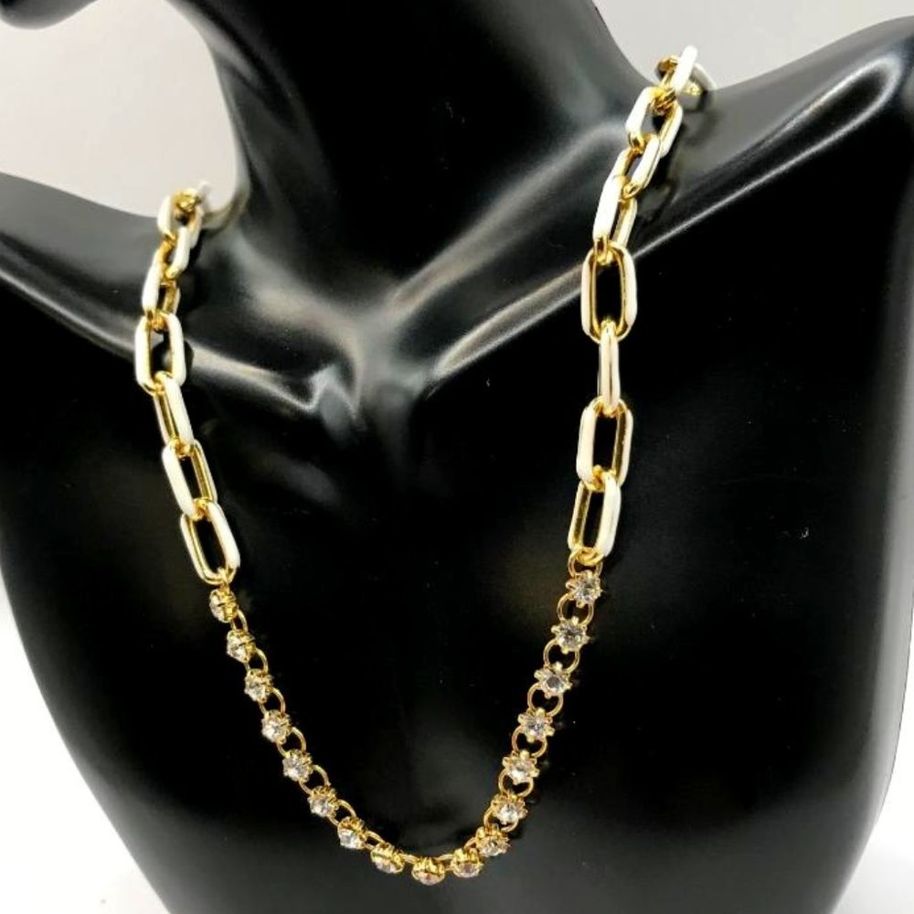 Gold-Tone & White Enamel with Rhinestones Necklace
